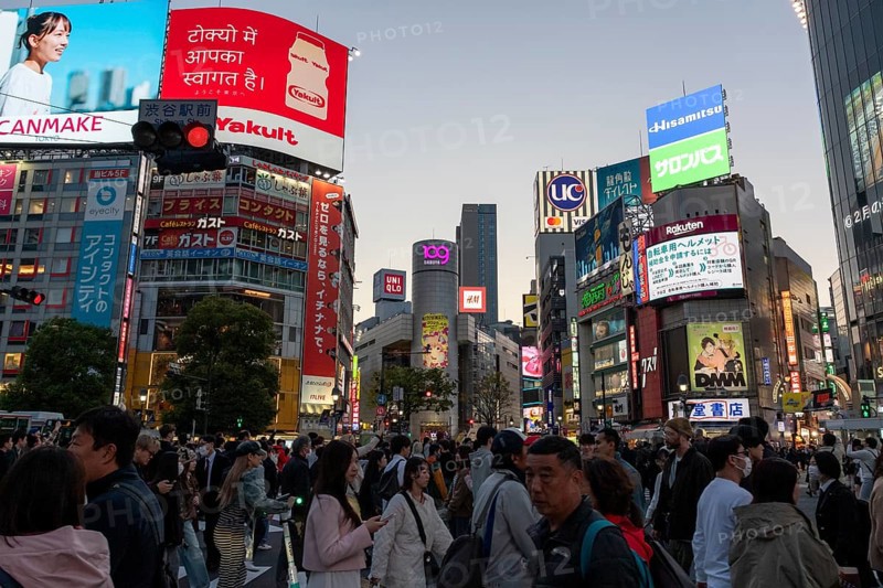 Crowd crossing the zebra crossings of Shibuya Crossing, world-famous intersection in Shibuya district, behind it neon signs and billboards on skyscrapers at dusk, tourist attraction, landmark, Shibuya district, Tokyo, Japan