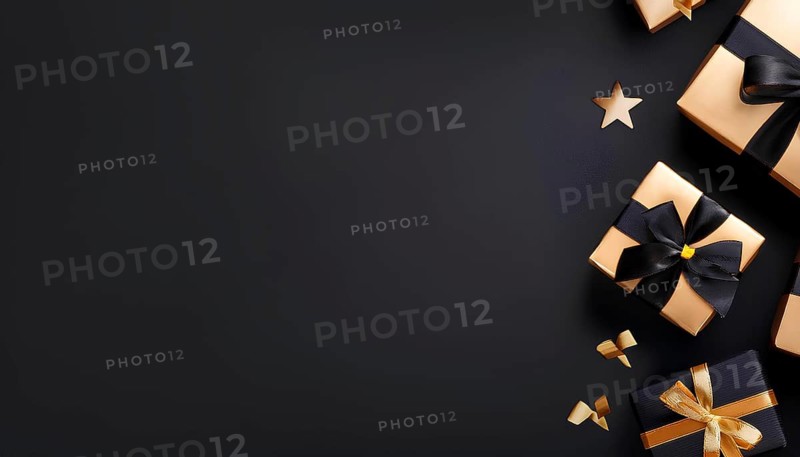 Luxurious black and gold wrapped gifts with ribbons on a dark background, symbolizing Black Friday deals and holiday celebrations, AI generated