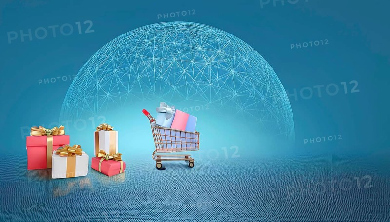 Shopping cart filled with gift boxes on a blue digital background with a network design, symbolizing online shopping, retail promotions, and holiday sales, AI generated