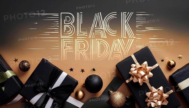 Black and gold gift boxes with bows and festive ornaments on a gradient background with Black Friday text. Ideal for Black Friday promotions and holiday shopping themes, AI generated