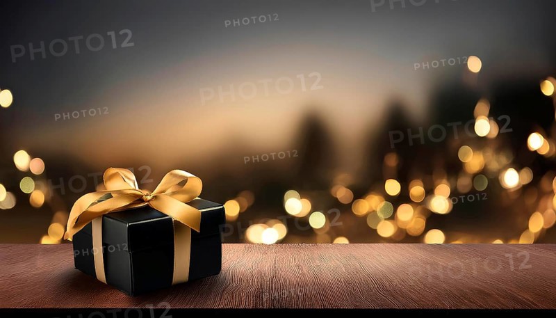 Elegant black gift box with golden ribbon on wooden surface and bokeh lights, AI generated