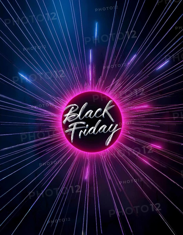 Black Friday text in neon style surrounded by pink and blue light rays on a dark background. Perfect for advertising Black Friday promotions and discounts, AI generated