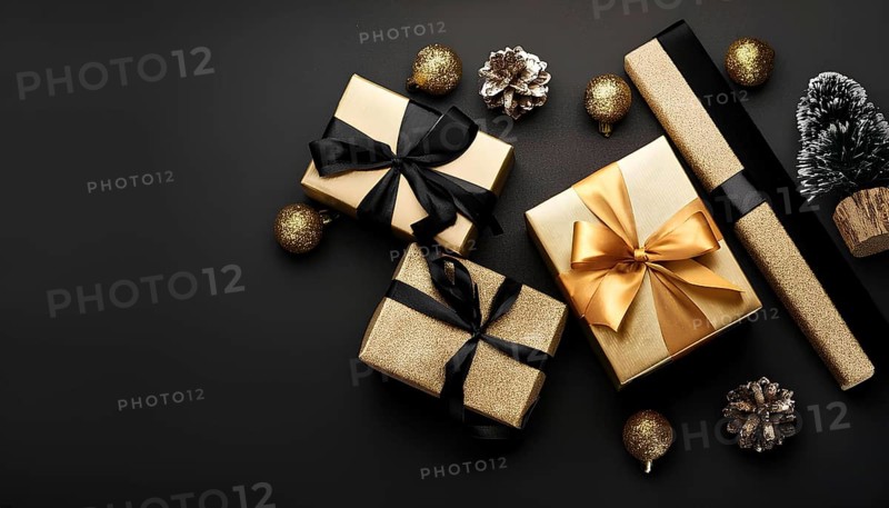 Top view of elegant golden gift boxes with black and gold ribbons, decorated with Christmas ornaments and pinecones on a black background. Perfect for holiday or Black Friday promotions, AI generated