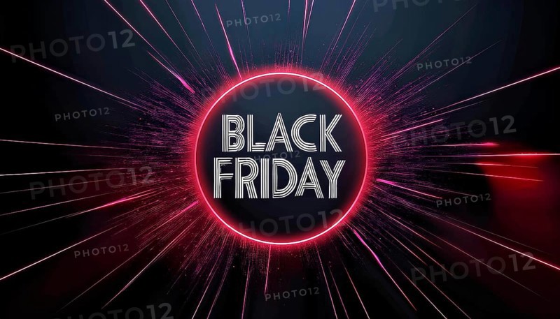 A vibrant Black Friday promotional design with neon lights and glowing lines radiating from a central black circle, creating an energetic and modern look, AI generated