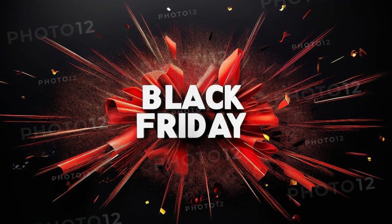 Black Friday sale banner featuring bold white text with an explosive red ribbon design and confetti, ideal for retail promotions, discounts, and holiday marketing, AI generated