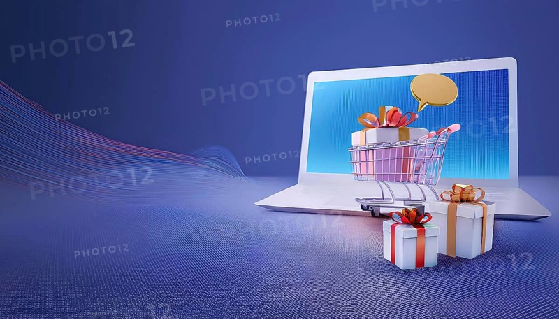 A 3D render of a shopping cart with wrapped gifts displayed on a laptop screen, symbolizing online shopping and discounts for Cyber Monday promotions, AI generated