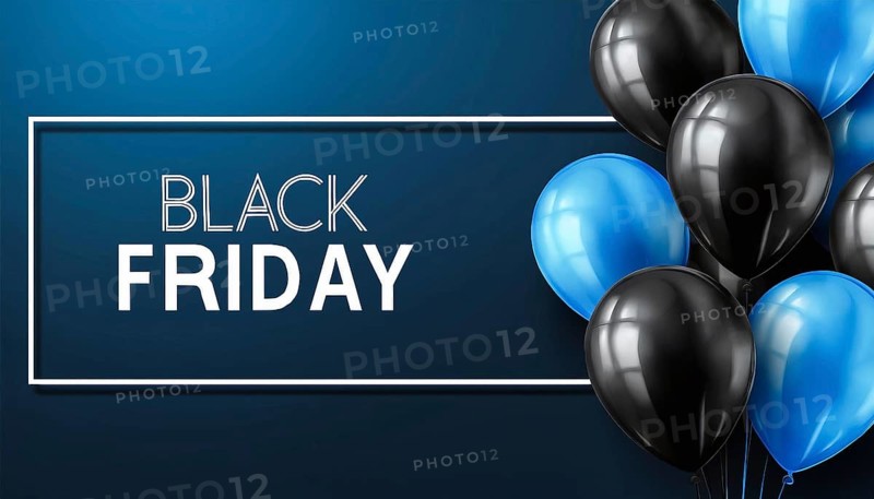 A sleek Black Friday promotional banner featuring black and blue balloons on a dark blue background. The bold typography and festive balloons emphasize the shopping event and discounts, AI generated