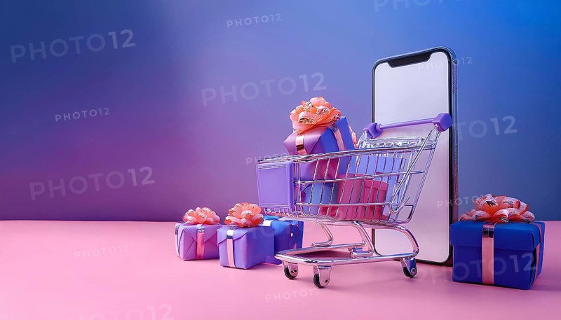 A modern online shopping concept featuring a smartphone, a shopping cart, and multiple gift boxes with bows. Set against a gradient background, symbolizing ecommerce and holiday shopping, AI generated