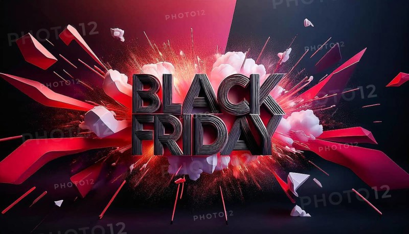 A bold Black Friday text explodes with red and white elements in a dynamic design. This striking visual represents major retail sales and shopping events, emphasizing discounts and promotions, AI generated
