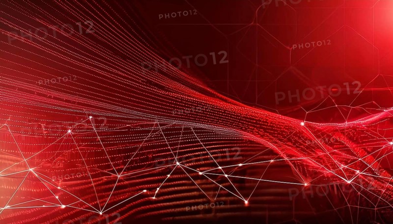 Dynamic abstract red digital wave with connecting network lines and dots on a dark background, symbolizing technology, data flow, and futuristic design, AI generated
