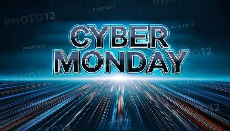 A bold Cyber Monday text glows with neon lighting, set against fast-moving blue light streaks. This futuristic design captures the energy and speed of online shopping and massive retail discounts, AI generated