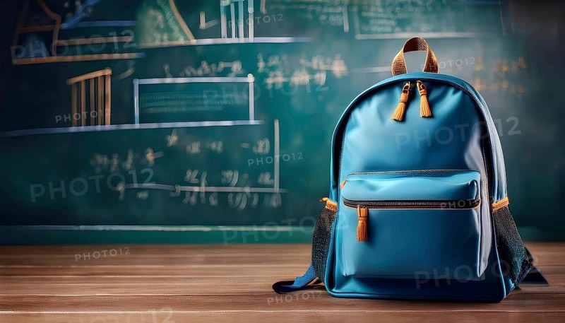 A blue backpack resting on a wooden desk with a chalkboard displaying math equations in the background. Represents a back-to-school concept focused on academic preparation, AI generated