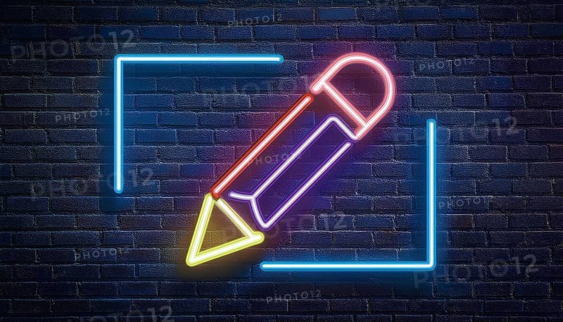 A neon sign in the shape of a pencil is illuminated against a dark brick wall background. The vibrant colors of the neon light create a striking contrast, symbolizing creativity and education, AI generated
