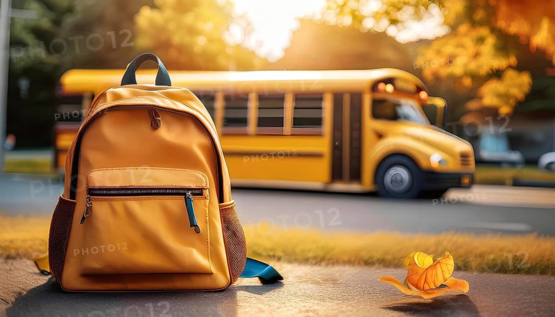 A brightly colored school backpack is placed on the pavement, with a school bus in the background during a sunny autumn day. This image captures the essence of back-to-school season and daily school routines, AI generated