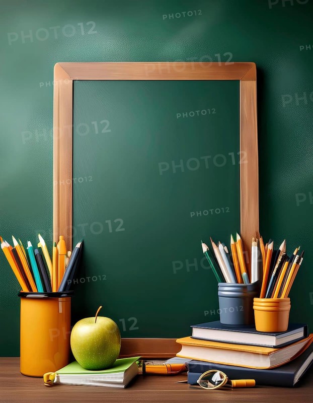 A back to school scene featuring a green blackboard surrounded by school supplies including pencils, books, an apple, and a magnifying glass. The image conveys readiness and excitement for the new school year, AI generated