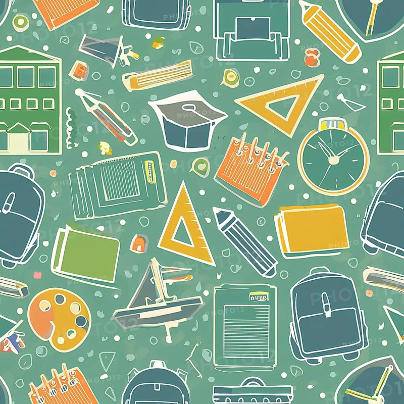 A colorful pattern of school supplies including a backpack, a book, a ruler, a pencil, and a clock. Back to school concept, AI generated