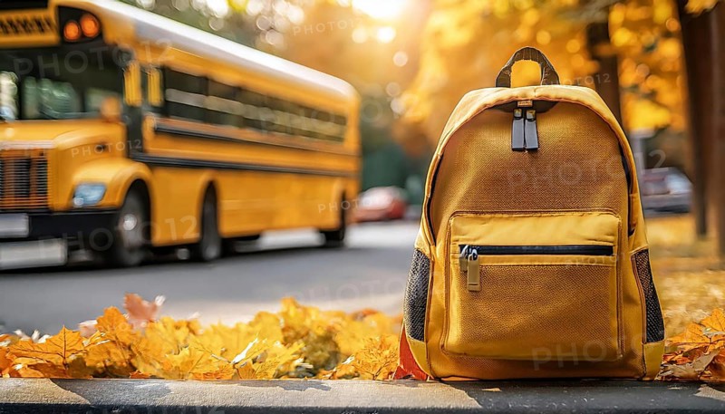 A yellow backpack sits on a sidewalk covered with autumn leaves, with a yellow school bus blurred in the background, representing the back-to-school season, AI generated