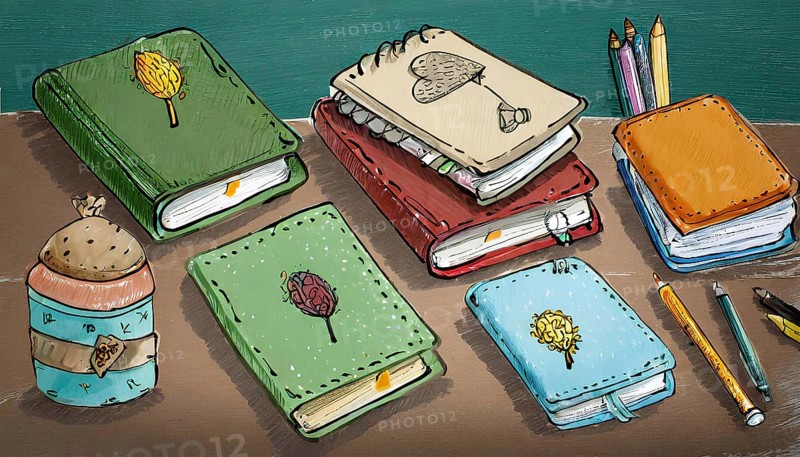 A stack of books with a green book on top and a red book on the bottom. The books are decorated with drawings of flowers and other items. There are also pencils and a clock on the table. Back to school concept, AI generated