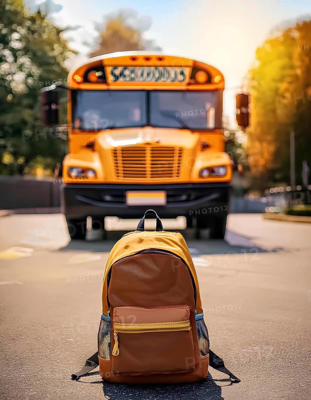 A brown backpack placed on the road with a yellow school bus approaching in the background. The image captures the essence of back-to-school season and student transportation, AI generated