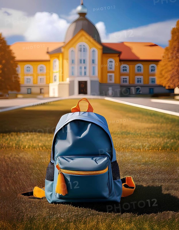A blue and yellow backpack placed on the lawn of a school campus with a large, historic building in the background. The image evokes the start of the school year and back-to-school season, AI generated