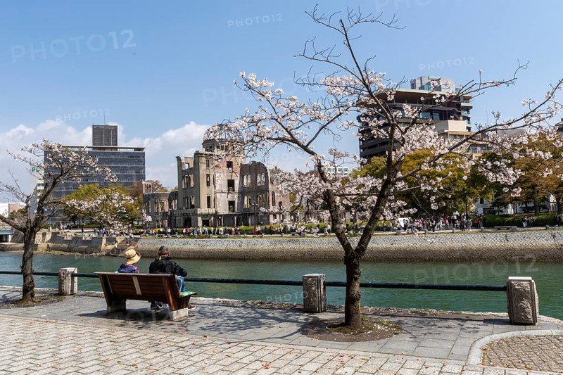 Tourists sitting on a bench under blossoming cherry trees, Sakura, Atomic Bomb Dome behind them, ruins of the former Chamber of Commerce and Industry building, landmark, UNESCO World Heritage Site, peace memorial and memorial to the victims of the atomic bombing of Hiroshima in the Peace Park on the Otagawa River, Naka Ward, Hiroshima, Japan