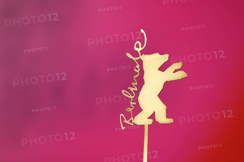 Background image, close-up, logo, golden bear with Berlinale lettering at a press conference during the 75th Berlin International Film Festival, Germany