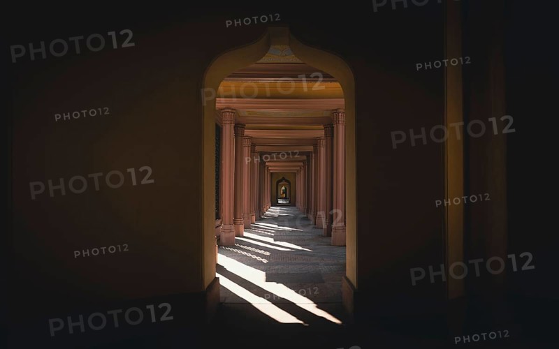Light show in the colonnade of the palace park mosque. Schwetzingen, Baden-Württemberg, Germany