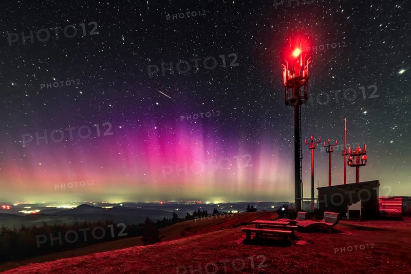 Magical northern lights over Hesse's highest mountain. Wasserkuppe, Rhön, Hesse, Germany
