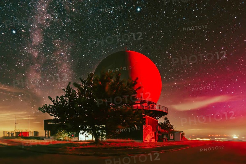 Milky Way above red radar dome. Wasserkuppe, Rhön, Hesse, Germany