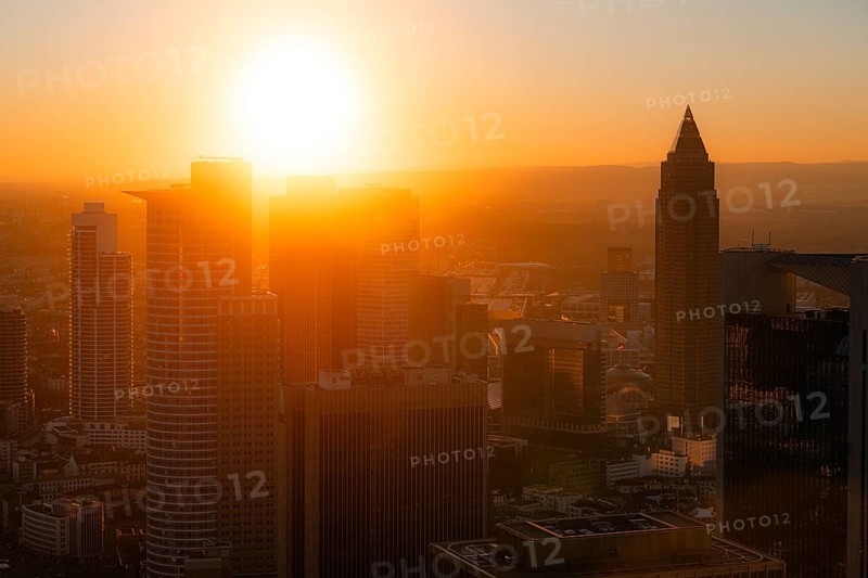 Golden sunset over the skyline. Banking district, Frankfurt am Main, Hesse, Germany