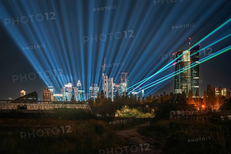 Laser show over the metropolis on the Main. Oberrad, Frankfurt am Main, Hesse, Germany