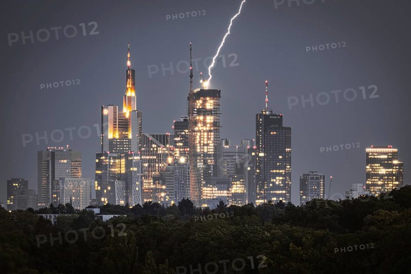 Lightning strikes over Frankfurt, force of nature in the centre of the city. City centre of Frankfurt am Main, Hesse, Germany
