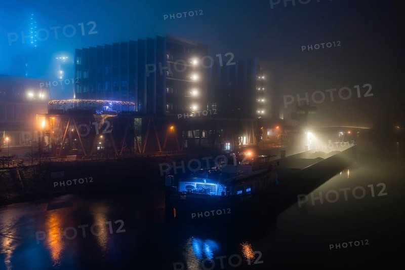 Fog meets neon lights. Gutleutviertel. Frankfurt am Main, Hesse, Germany