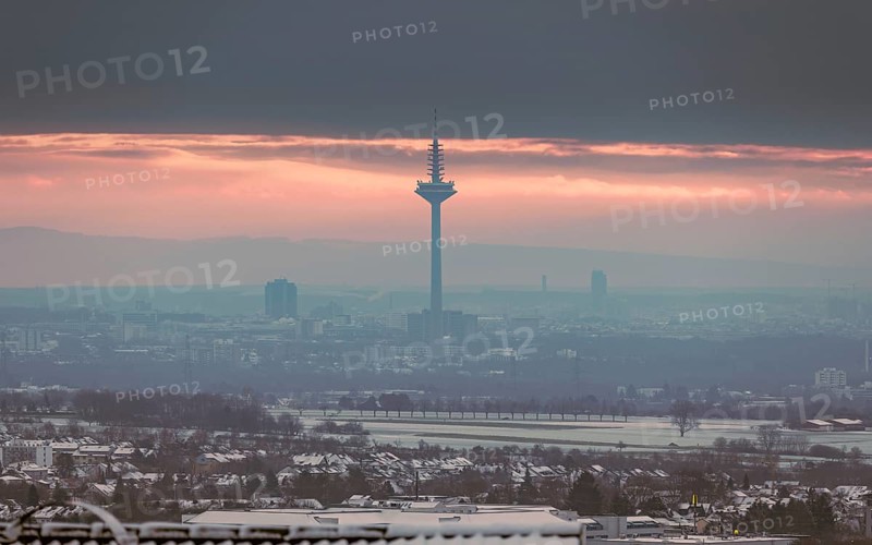 Europaturm in the winter morning fog. Europa Tower, Ginnheim, Frankfurt am Main, Hesse, Germany