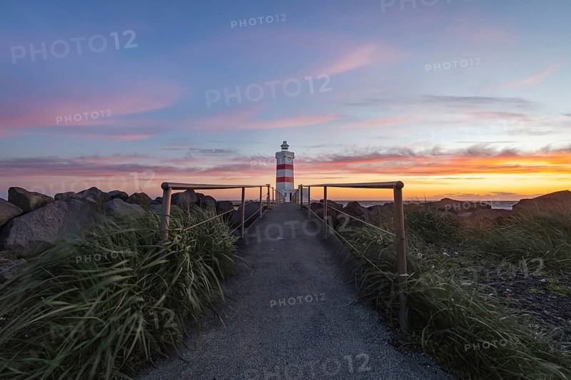 Gardur lighthouse at sunset. Gardur, Reykjanes, Iceland