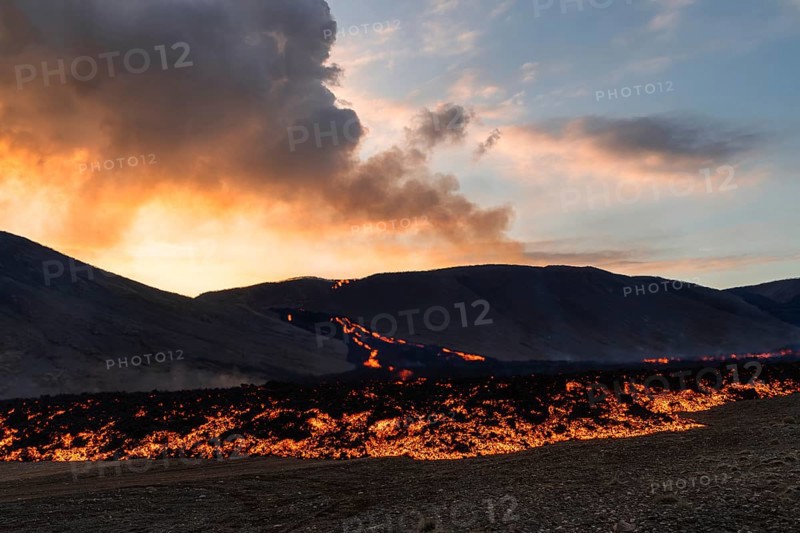 Lava flow glows in the evening light. Fagradalsfjall, Reykjanes, Iceland