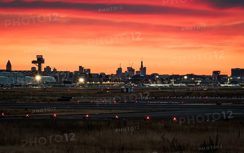Airport with skyline at sunny sunrise. Frankfurt Airport, Hesse, Germany