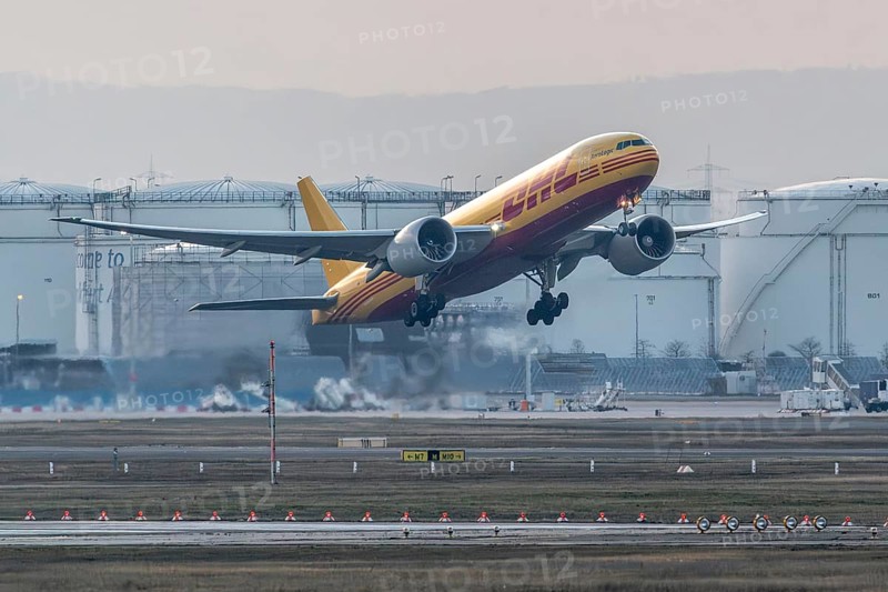 DHL cargo plane takes off with a full load. Frankfurt am Main Airport, Hesse, Germany