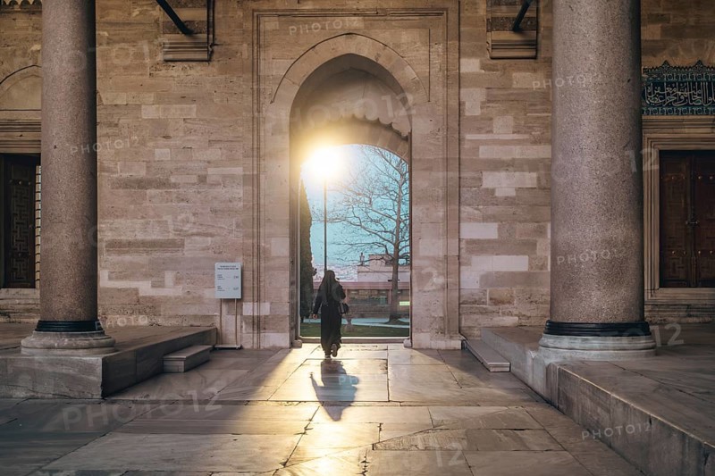 Mosque exit in the light. Suleymaniye Mosque. Fatih, Istanbul, Turkey