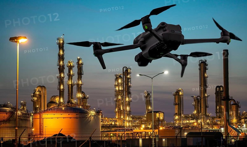 Symbolic image, photomontage, reconnaissance, spying with drones in industrial plants, critical infrastructure, drone flies towards an industrial complex, chemical plant, spying by camera drones