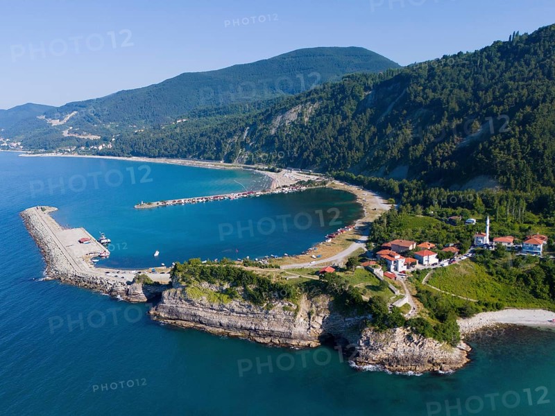 Coastal view with pier and green hills, surrounded by clear sea and scattered houses, aerial view, Ginolu Bay, Ginolu, Kastamonu Province, Turkey
