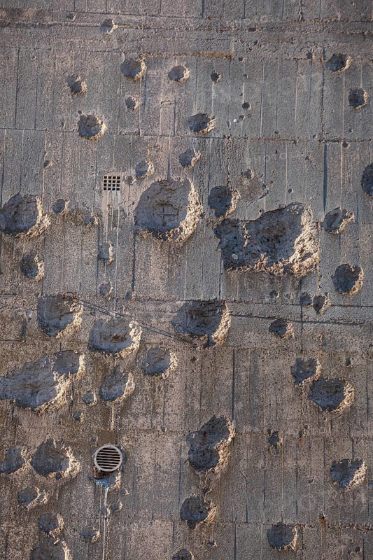 Bullet holes from the Second World War on an air raid shelter, Bremen, Germany