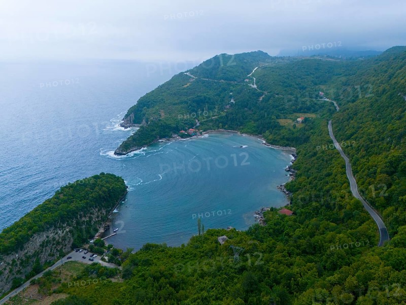 Aerial view of a quiet coastline with wooded mountains and a winding road, aerial view, Gideros Gündogdu Bay, Gündogdu, Cide, Kastamonu Province, Black Sea, Turkey