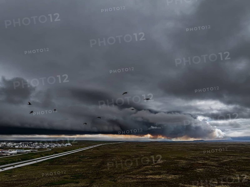 Volcano, volcanic eruption, ash cloud, road, village, aerial view, Sundhnúkur crater chain, July 2025, Keflavik, Reykjanes Peninsula, Iceland