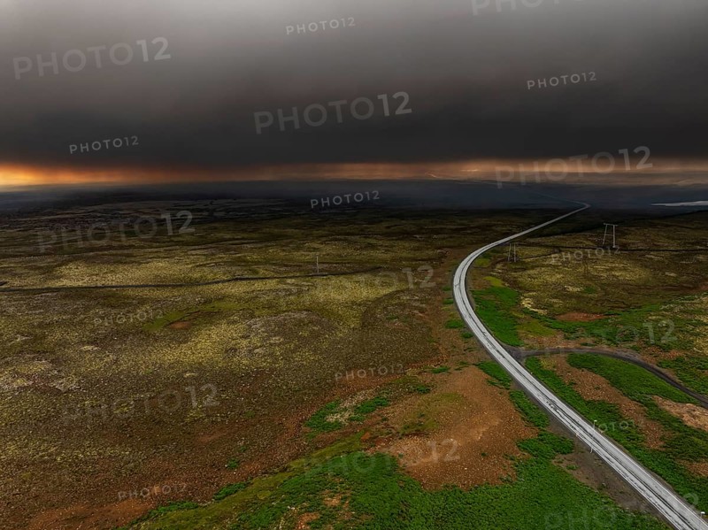 Volcano, volcanic eruption, ash cloud, road, aerial view, Sundhnúkur crater chain, July 2025, Reykjanes Peninsula, Iceland