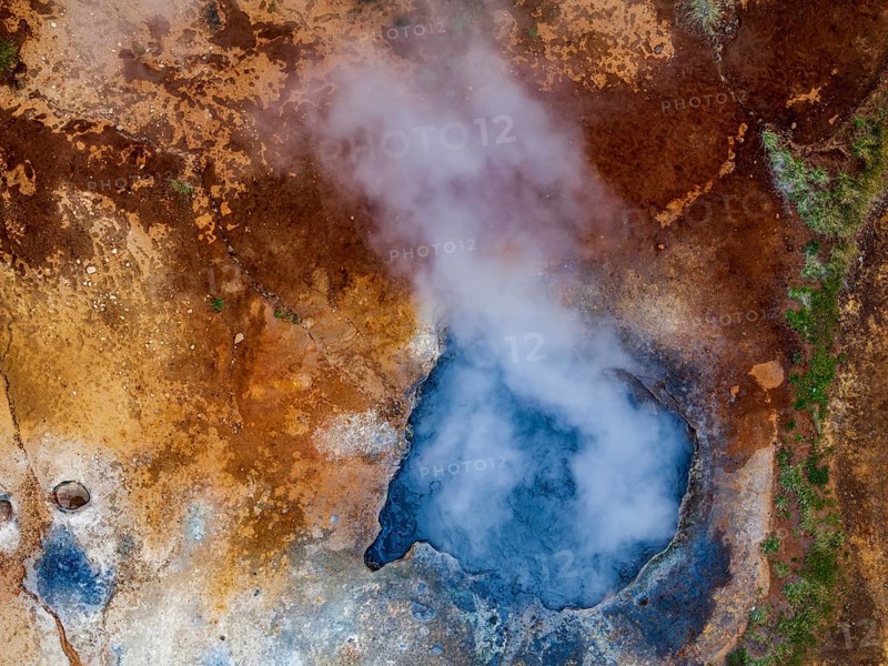 Hot springs, aerial view, evening light, summer, Krysuvik, Reykjanes Peninsula, Iceland