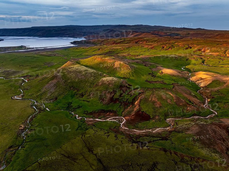 Mountain landscape, hot springs, aerial view, evening light, summer, Krysuvik, Reykjanes Peninsula, Iceland