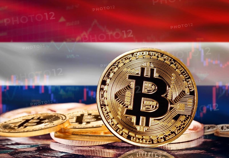 Bitcoin with Netherlands flag in the background. Investors in cryptocurrency and Blockchain Technology in Netherlands, Concept