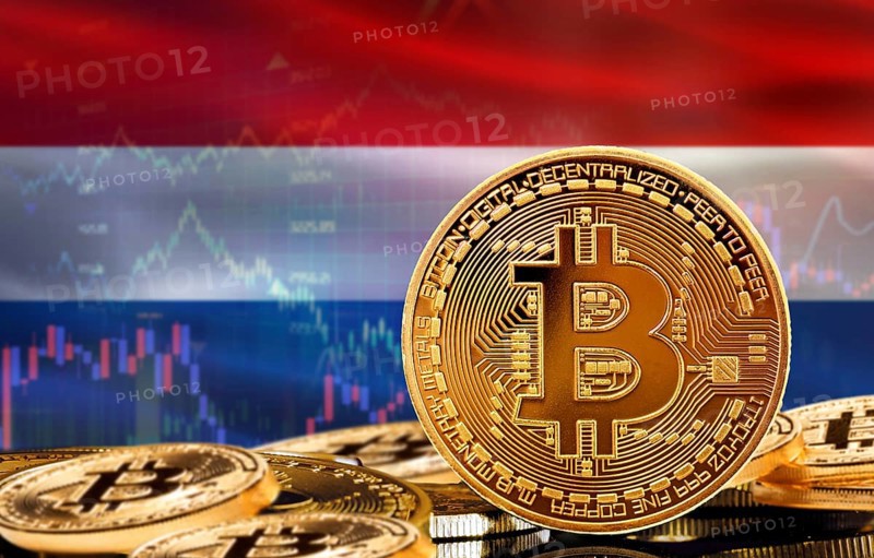 Investors in cryptocurrency and Blockchain Technology in Netherlands, Concept. Bitcoin with Netherlands flag in the background
