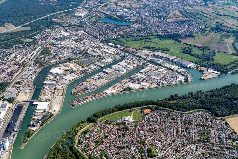 Rheinauhafen, Mannheim, Baden-Württemberg, barge, Rhine, harbour, transshipment, logistics, Germany, aerial view, aerial view